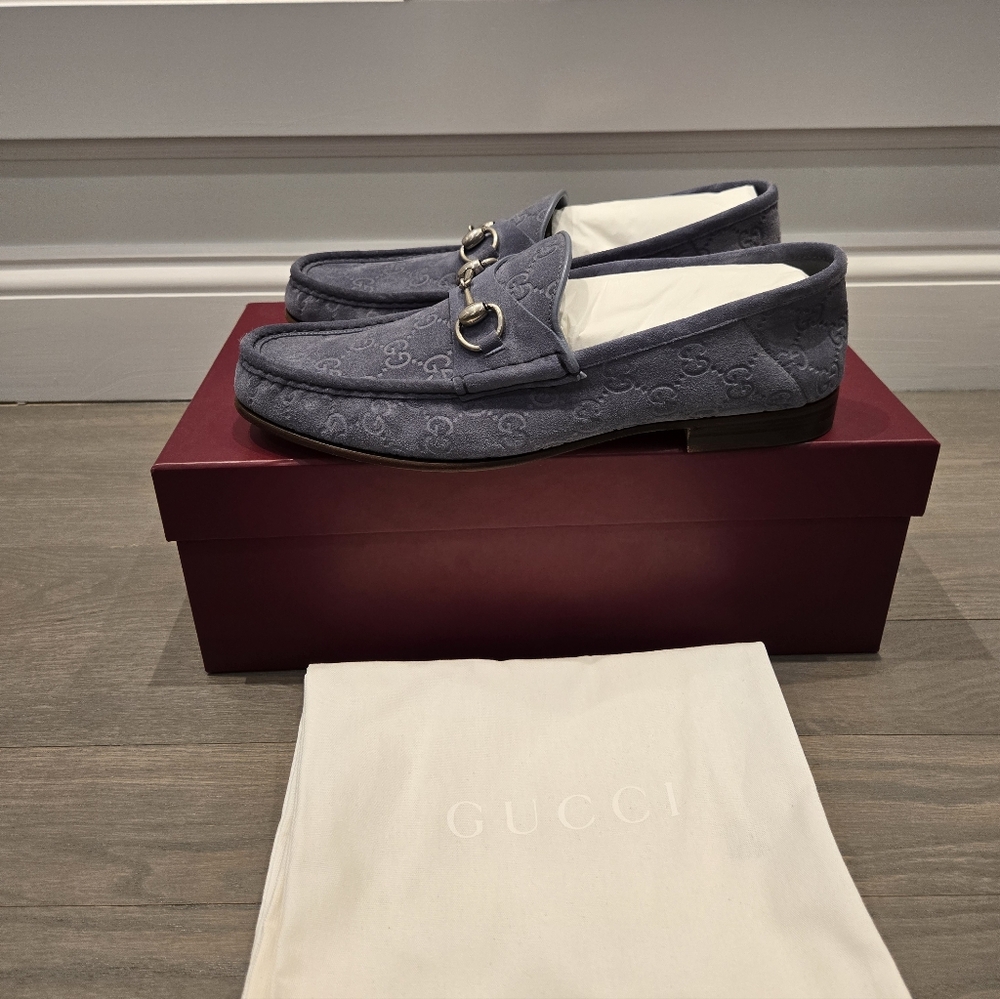 $1090 GUCCI Horsebit 1953 GG Embossed Gray Suede Loafer Shoes UK 10 US 11 EU 44 - Picture 4 of 9